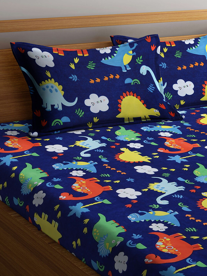 KLOTTHE Navy Blue Graphic Cotton 300 TC King Fine Bedsheet with 2 Pillow Covers-98 x 89 inches