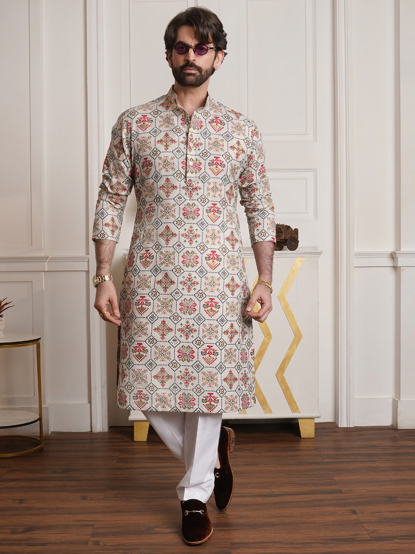 kurta SOJANYA Men Cream-Coloured Geometric Printed Kurta