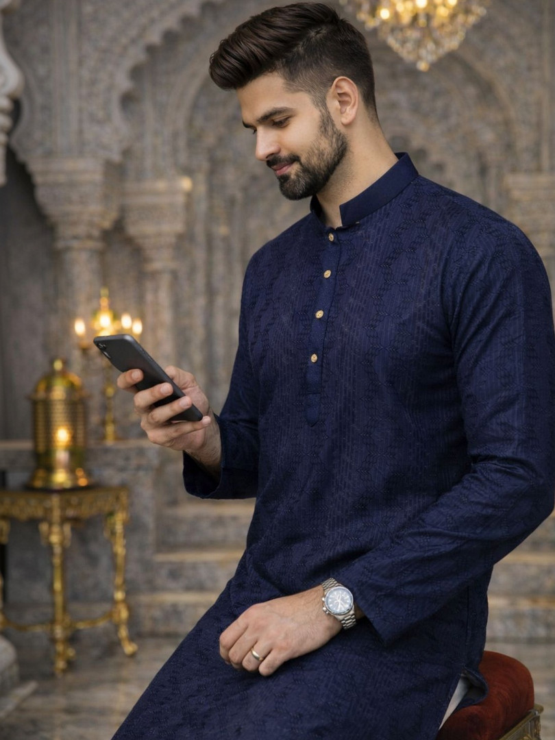 House of Pataudi Embroidered Mandarin Collar Knee Length Straight Kurta