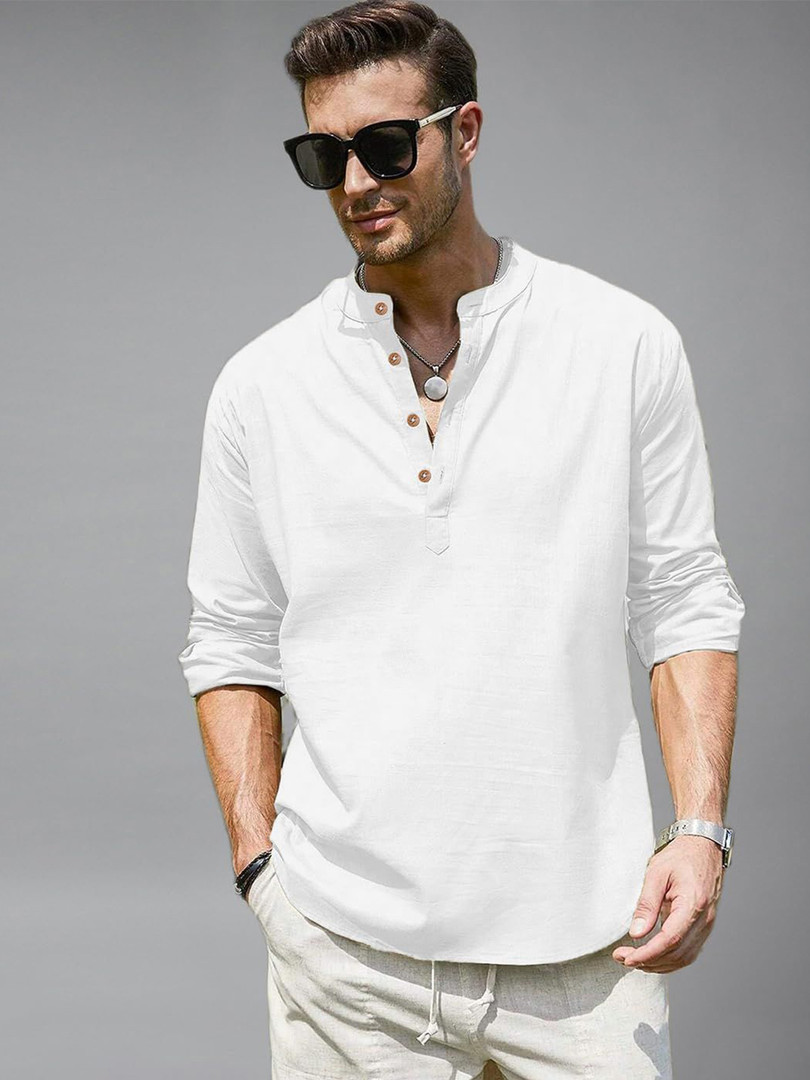 Vida Loca Men Mandarin Collar Roll-Up Sleeves Slim Fit Cotton Kurta