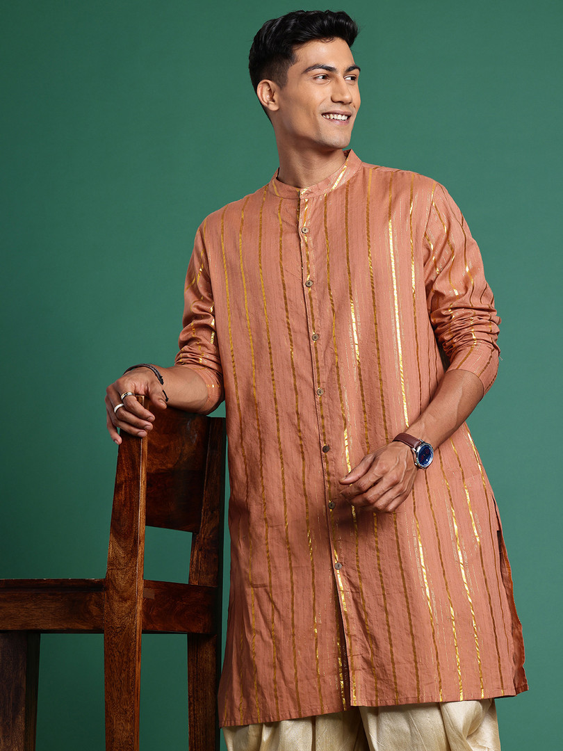 Sangria Men Striped Mandarin Collar Pure Cotton Kurta