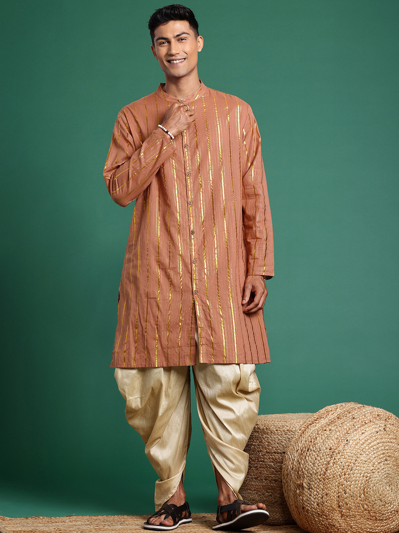 Sangria Men Striped Mandarin Collar Pure Cotton Kurta