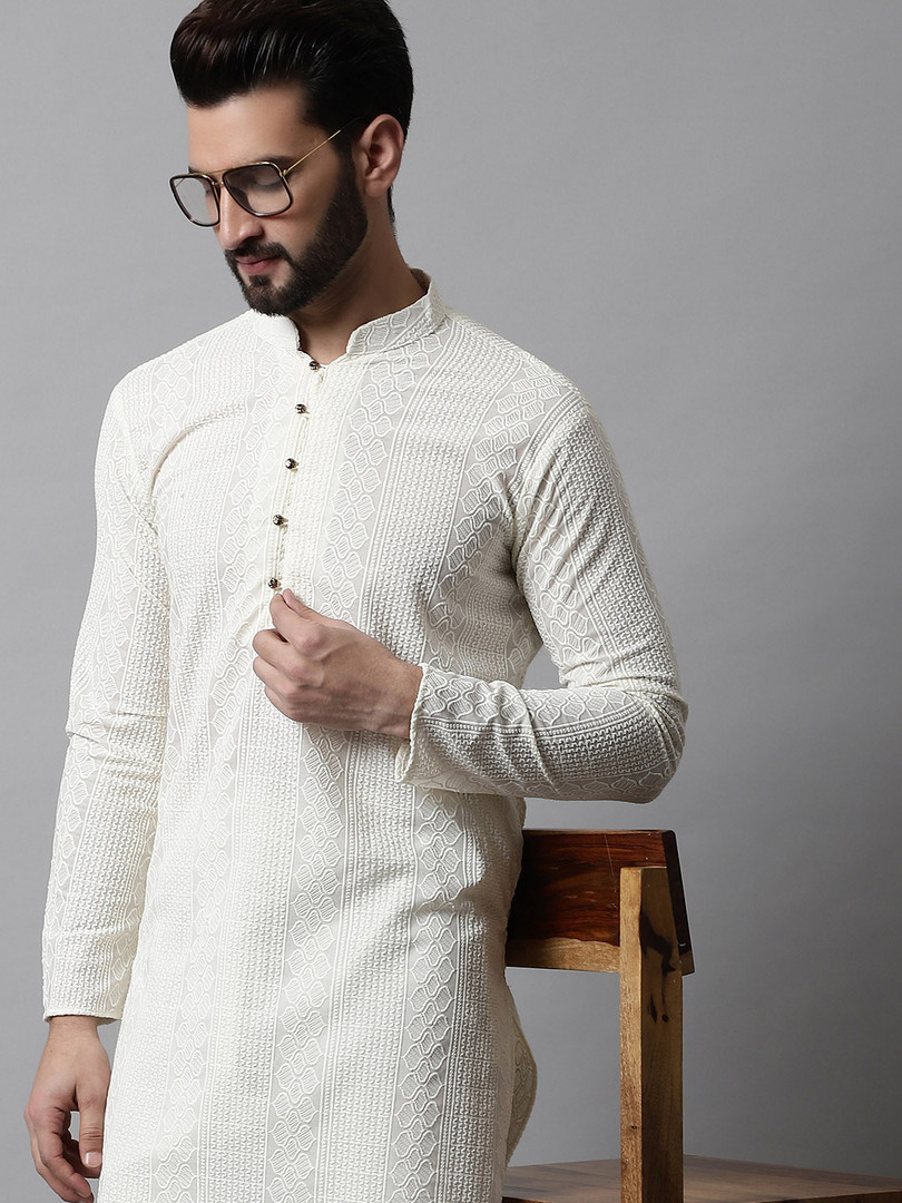 kurta Jompers Men Cream-Coloured Ethnic Motifs Embroidered Cotton Kurta