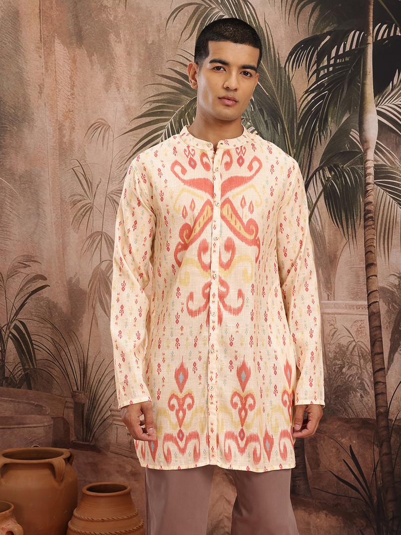Sangria Men Ethnic Motifs Printed Band Collar Kurta with Asymmetric Hem
