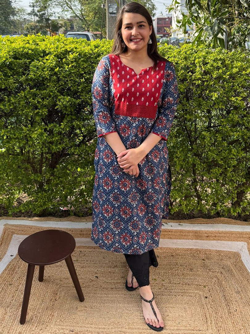 kurti Sanskritam Floral Printed Notch Neck Patchwork Pure Cotton Straight Kurta
