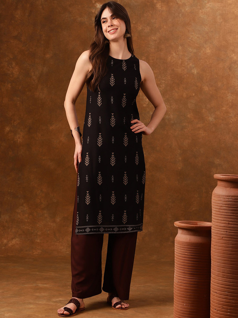 Anouk Black Ethnic Motifs Printed Sleeveless Straight Kurta