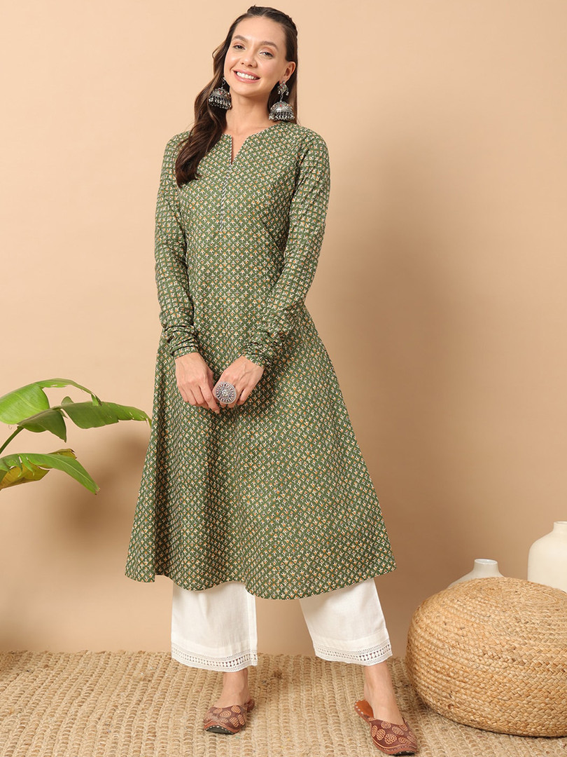 kurti FIORRA Floral Printed Notch Collar Thread Work Cotton A-Line Kurta