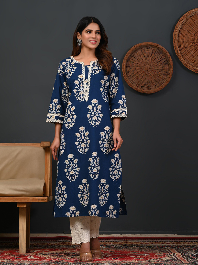 Rimeline Ethnic Motifs Printed Round Neck Zari Straight Pure Cotton Kurta