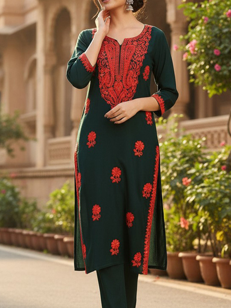 KALINI Floral Embroidered Thread Work Straight Kurta
