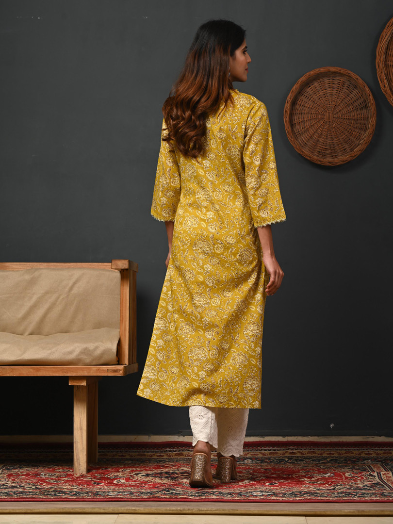 Rimeline Floral Printed V-Neck Pure Cotton Straight Kurtas