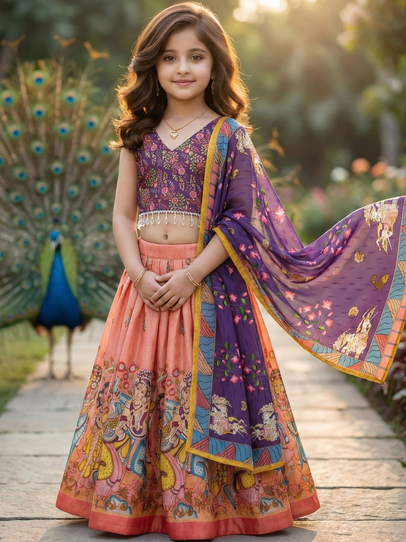 KALINI Girls Printed Kalamkari Ready to Wear Lehenga & Blouse With Dupatta
