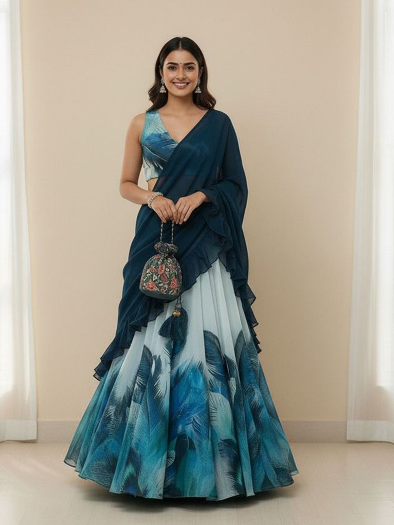 LIPS CROWN Printed Semi-Stitched Organza Lehenga & Ready to Wear Blouse With Dupatta