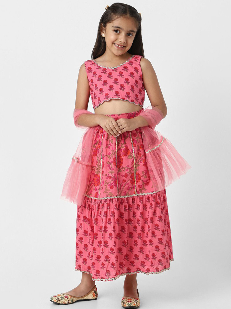 Nauti Nati Girls Printed Block Print Ready to Wear Lehenga & Blouse With Dupatta