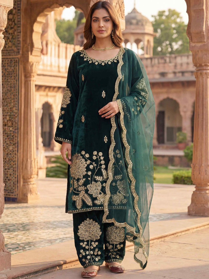 KRISKA Women Ethnic Motifs Embroidered Regular Thread Work Velvet Kurta with Patiala & With Dupatta