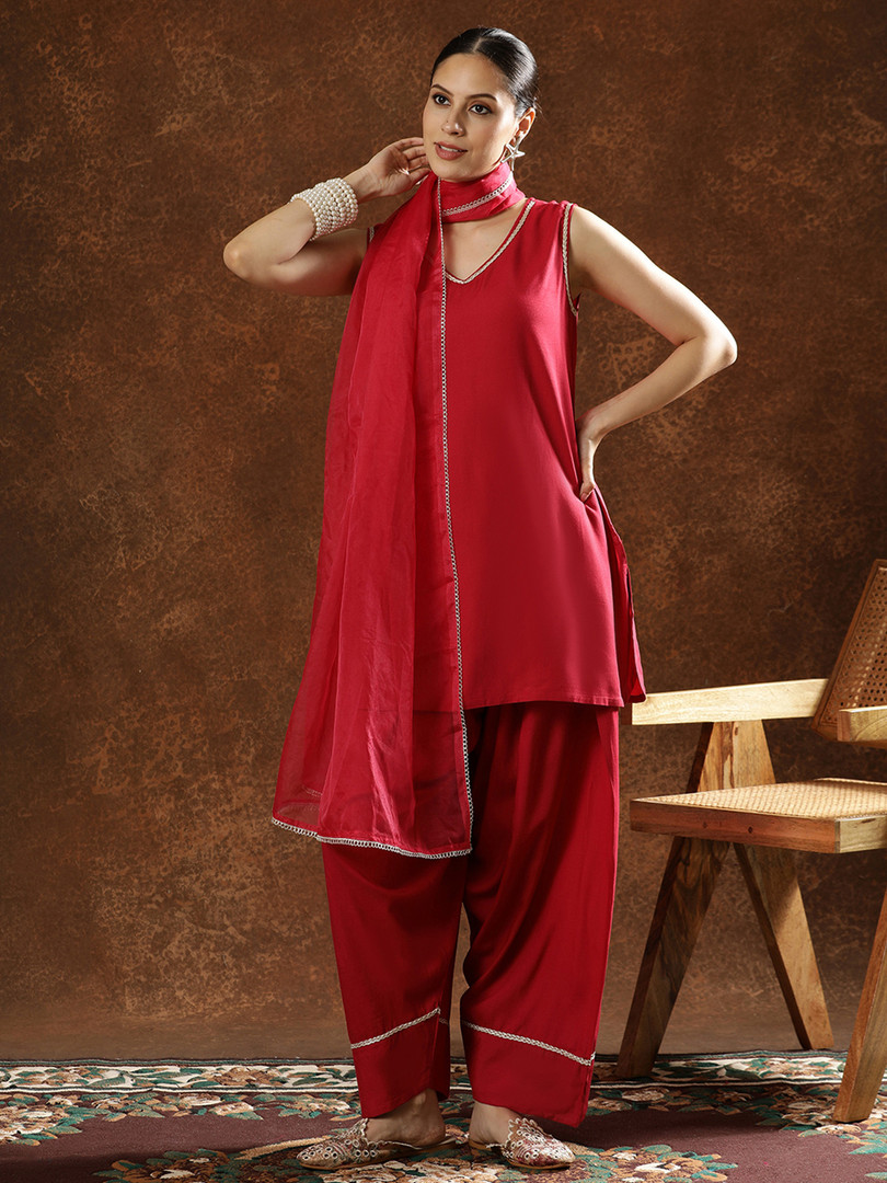 Anouk V-Neck Straight Kurta Farshi Salwar with Dupatta