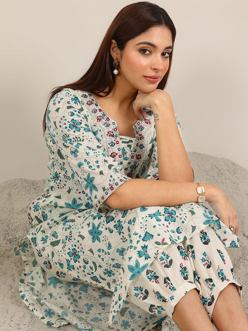 Libas Floral Printed Regular Mirror Work Kurta With Salwar