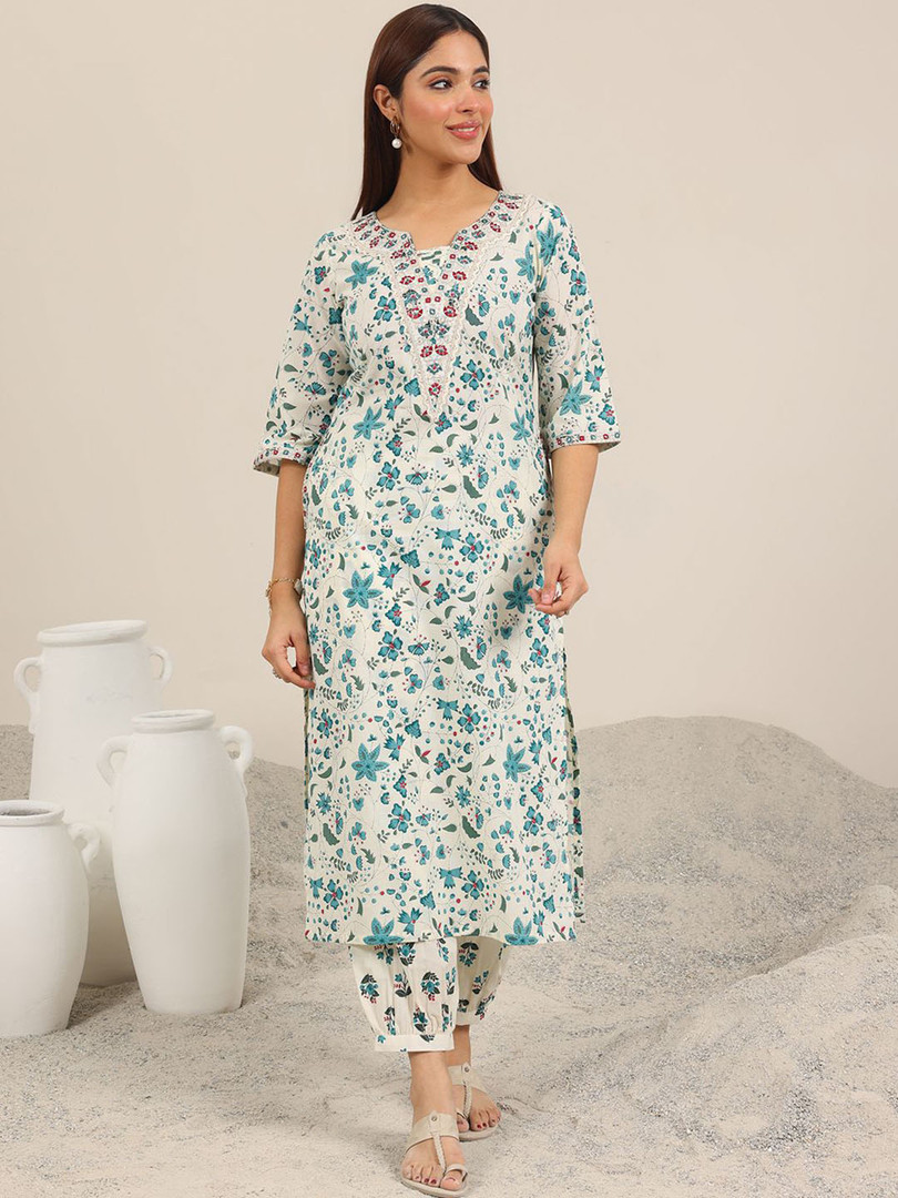 Libas Floral Printed Regular Mirror Work Kurta With Salwar