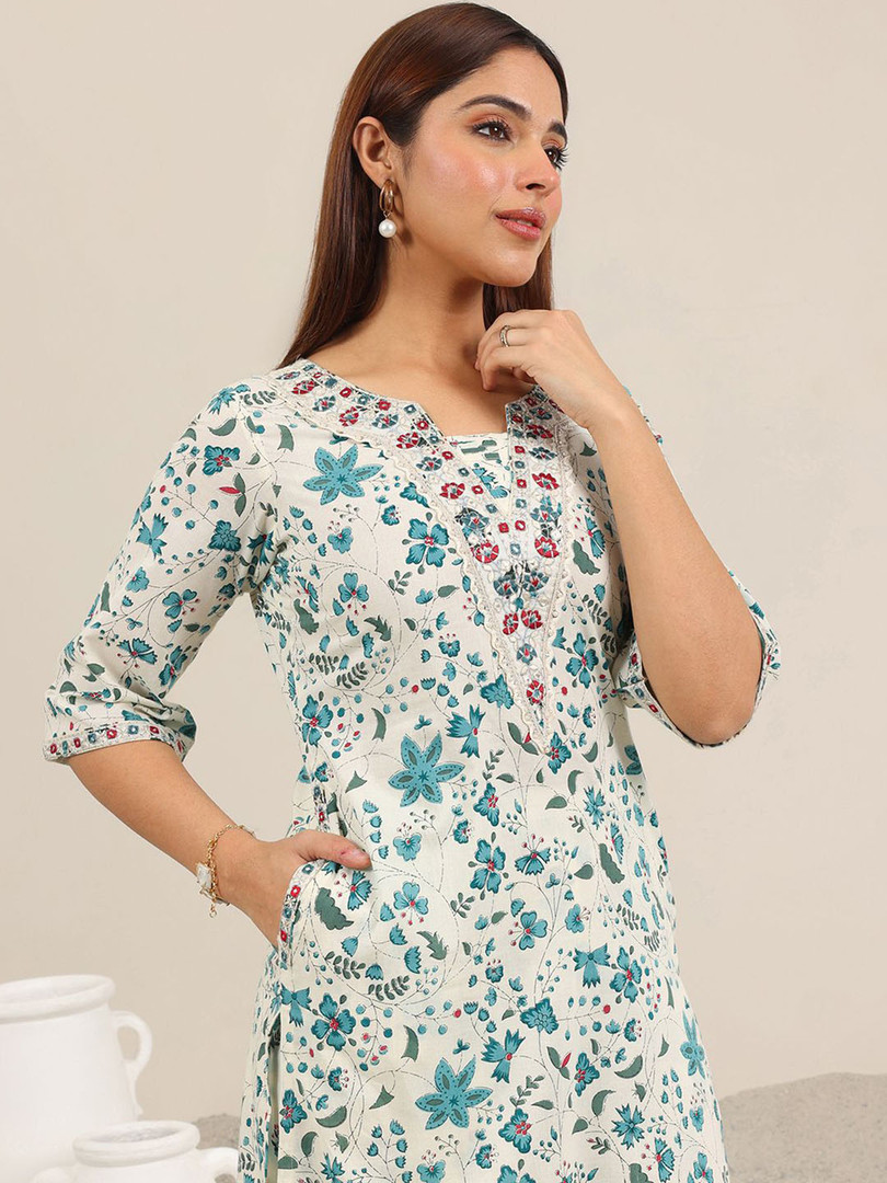 Libas Floral Printed Regular Mirror Work Kurta With Salwar