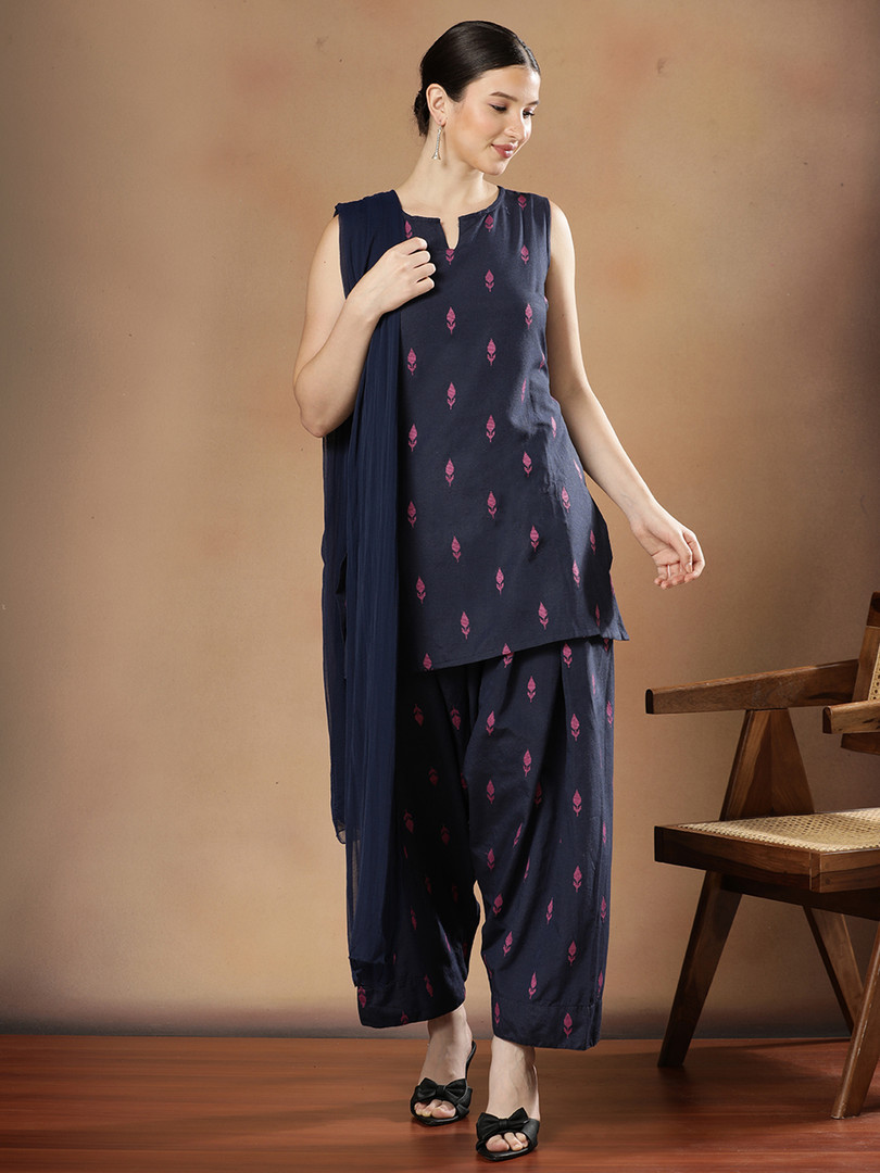 STYLEBAAZI Women Ethnic Motifs Printed Regular Pure Cotton Kurta With Farshi Salwar & Dupatta