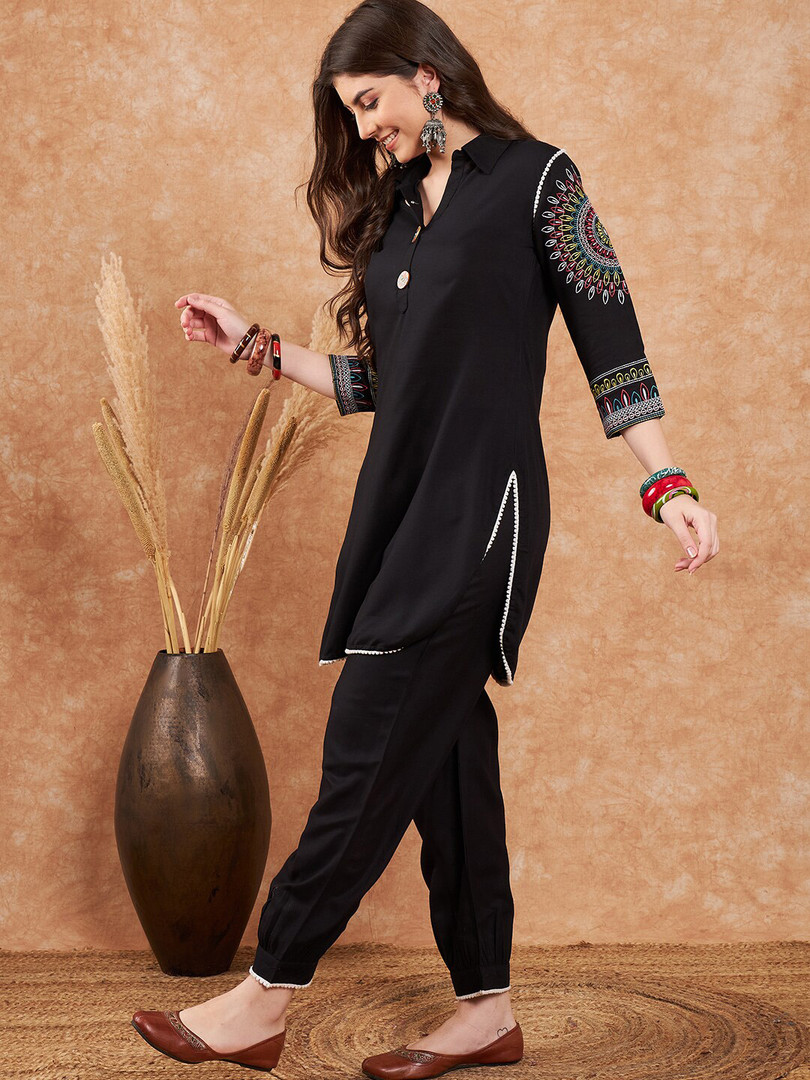 salwar Sangria Black Ethnic Motifs Embroidered Pathani Kurta With Salwar