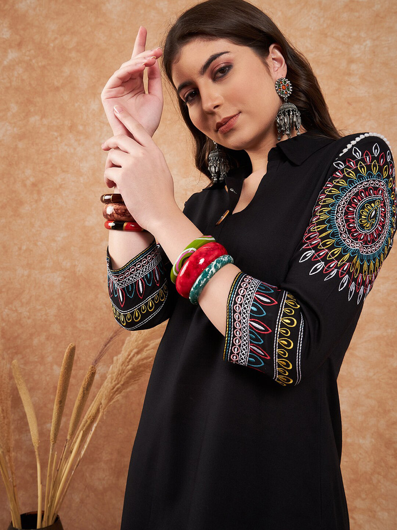 Sangria Black Ethnic Motifs Embroidered Pathani Kurta With Salwar