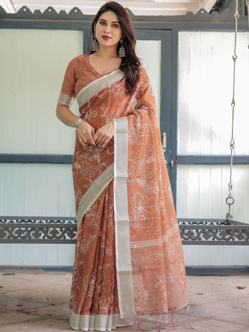 ZIRVI Rust Elegant Floral Sarees