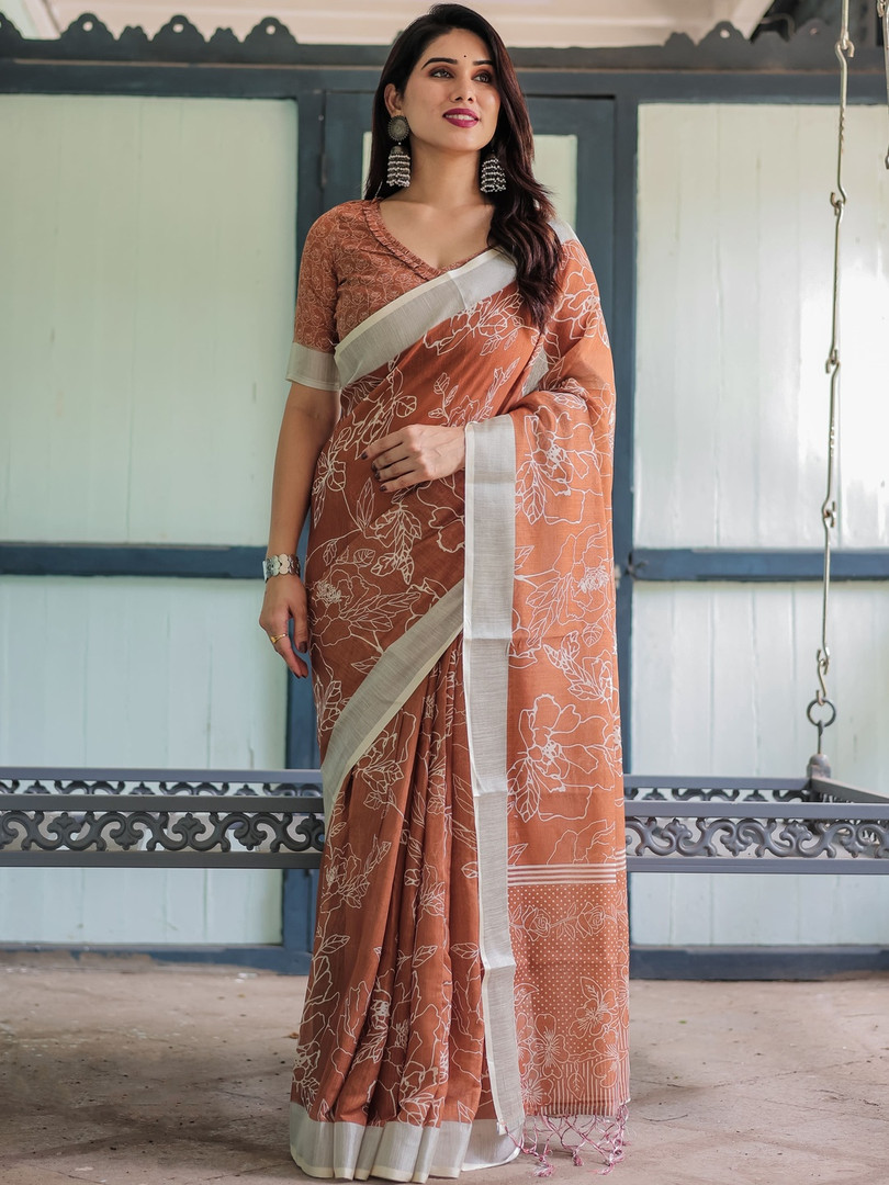 ZIRVI Rust Elegant Floral Sarees