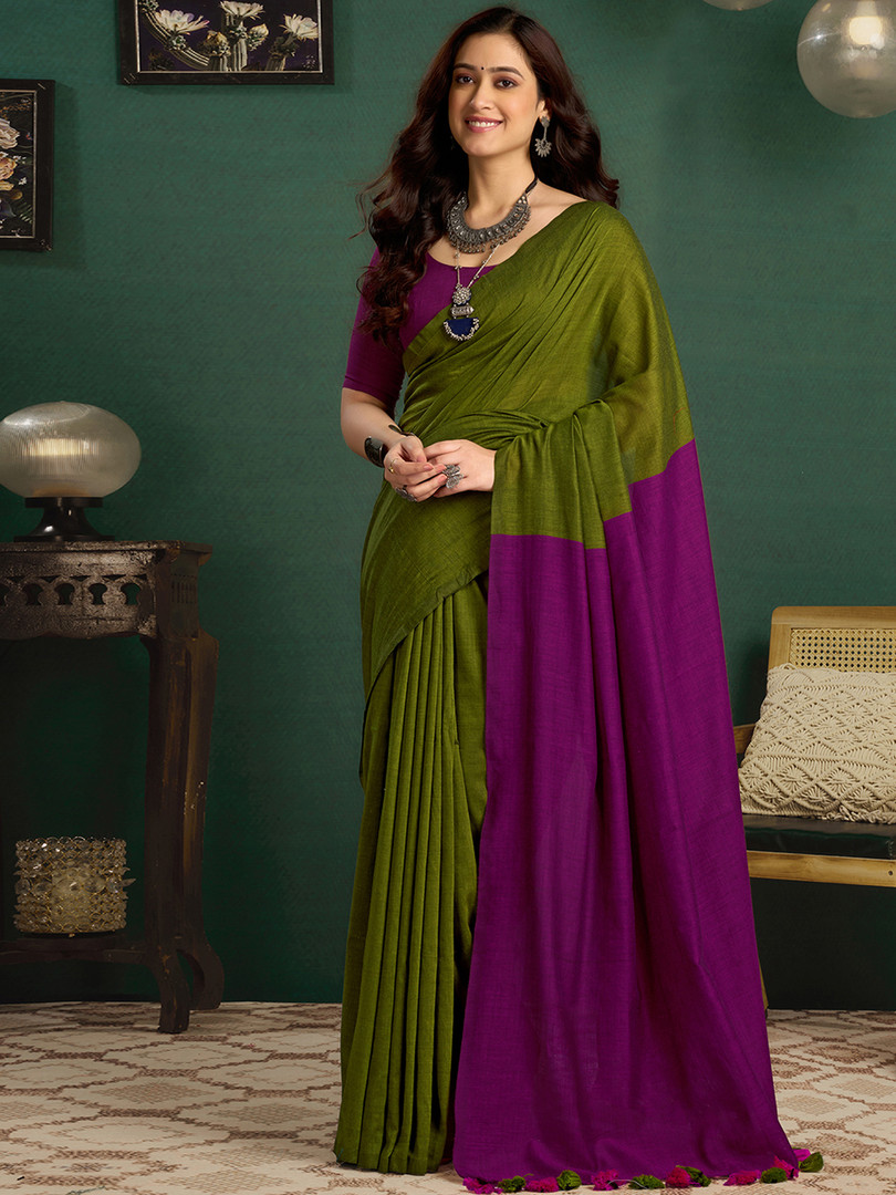Sangria Colourblocked Saree With Unstitched Blouse Piece