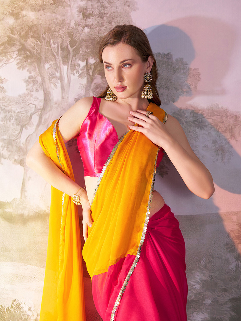 Mitera Colourblocked Sequinned Pure Georgette Saree with Embellished Border