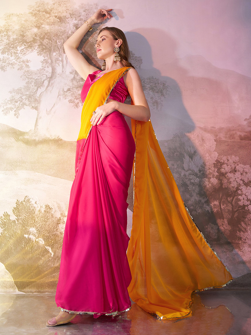 Mitera Colourblocked Sequinned Pure Georgette Saree with Embellished Border