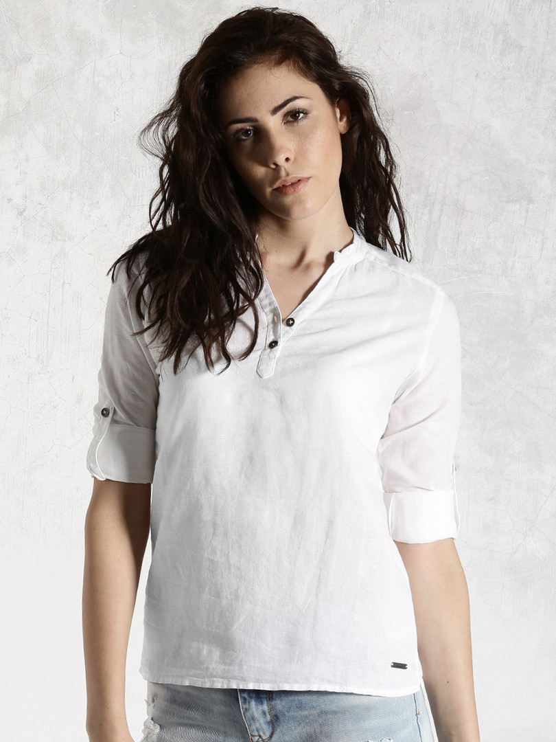 top Roadster White Cotton Linen Top With Roll-Up Sleeves