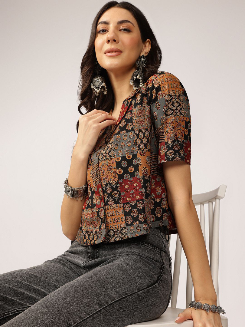 Anouk Ethnic Printed Cuban Collar Shirt Style Top