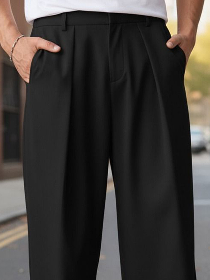 BROADSTAR Men Relaxed Straight Leg Straight Fit Easy Wash Pleated Korean Pants
